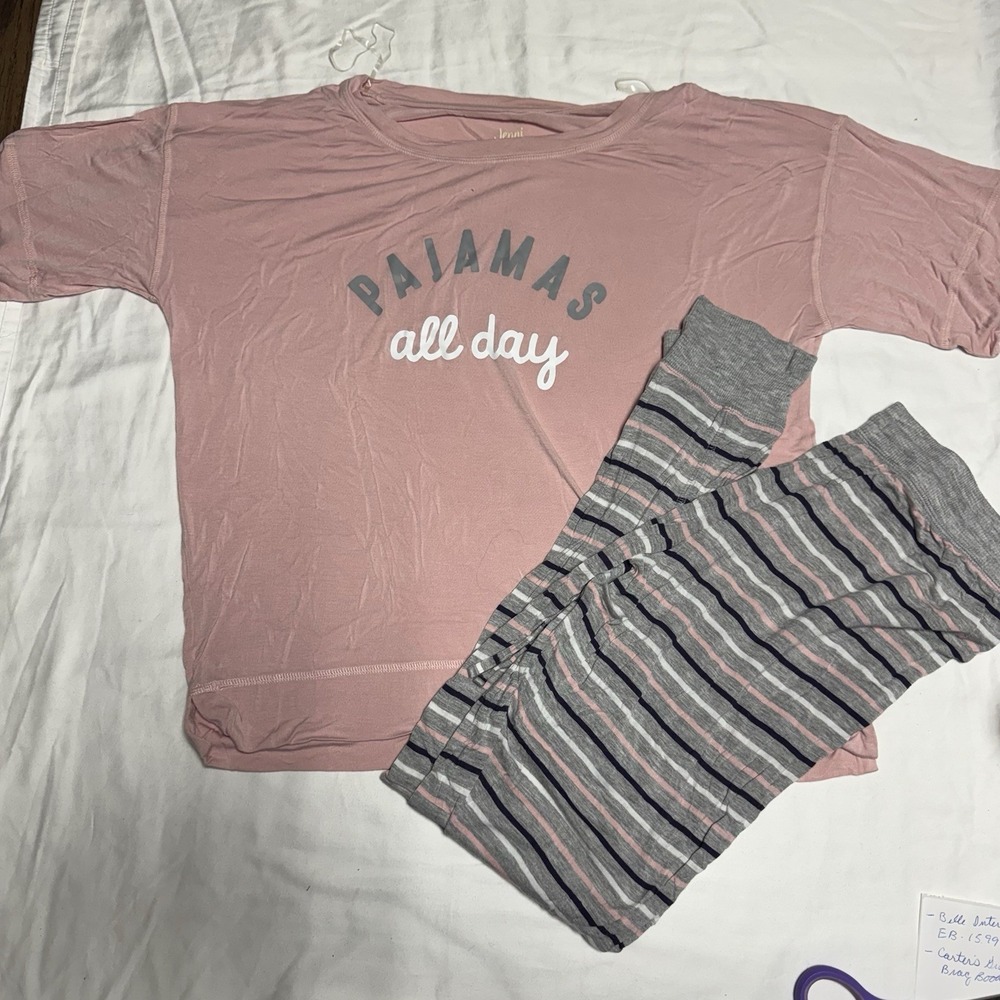 Jenni Pink 'Pajamas All Day' Short Sleeve Top with Gray Striped Pants